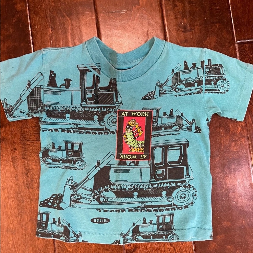 Vintage 80s Hobie Surf  T Shirt Blue Trains At Work Caterpillar, soft shirt! 4T
